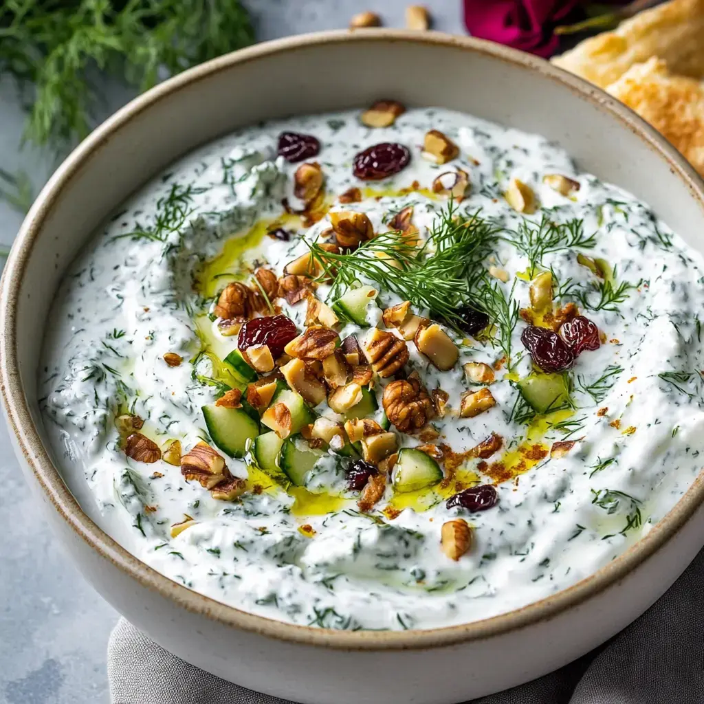 A creamy yogurt spread topped with diced cucumbers, dried fruit, nuts, and a drizzle of oil, surrounded by sprigs of dill.