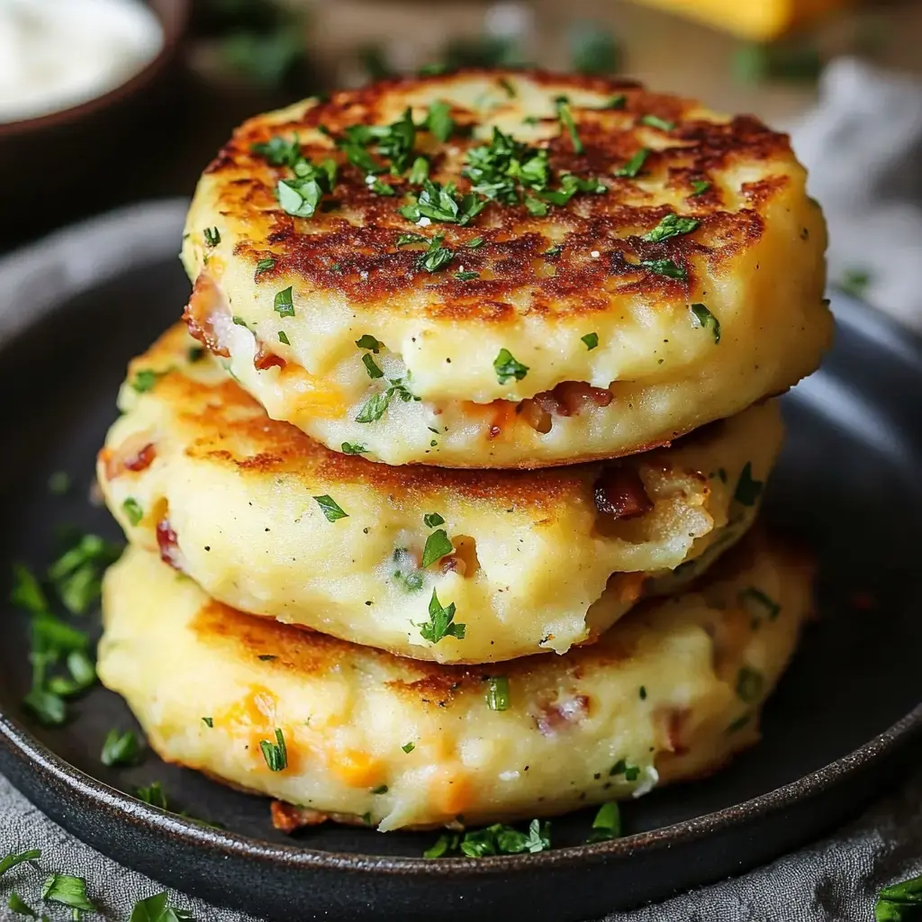 Three golden potato patties stacked on a plate, garnished with parsley.