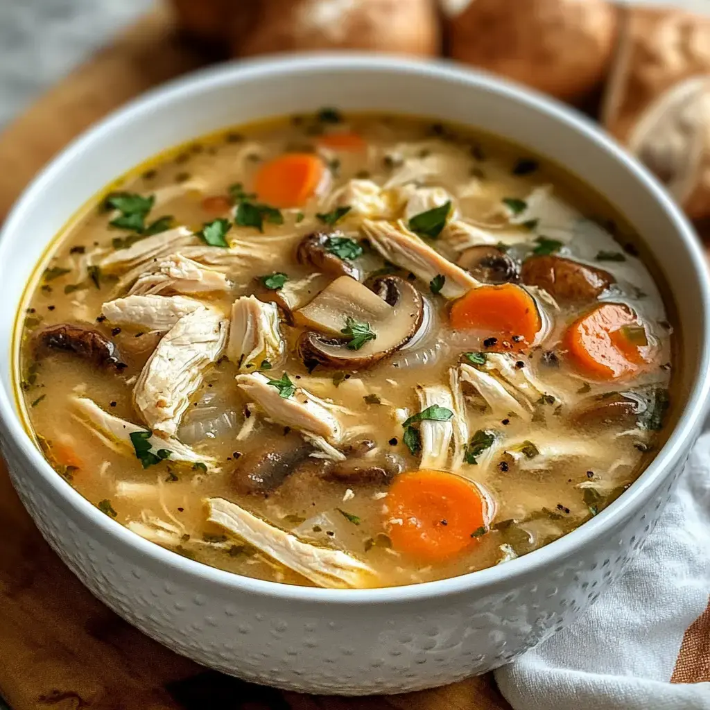 Warm bowl of chicken soup with bits of carrot, mushrooms, herbs, and tender meat.