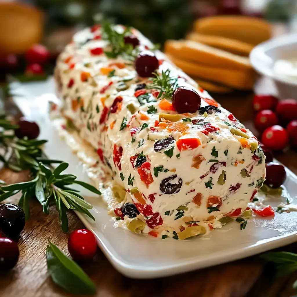 A vibrant cheese roll covered with fresh herbs, diced veggies, and cranberries, displayed on a white dish.