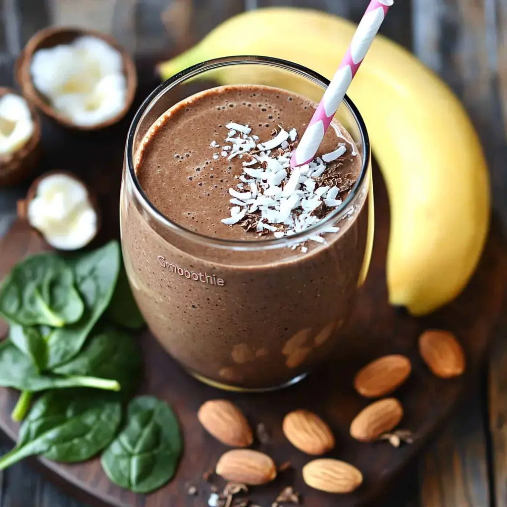 Chocolate coconut drink in a glass, topped with flaky coconut and surrounded by fresh spinach, whole almonds, and ripe banana.