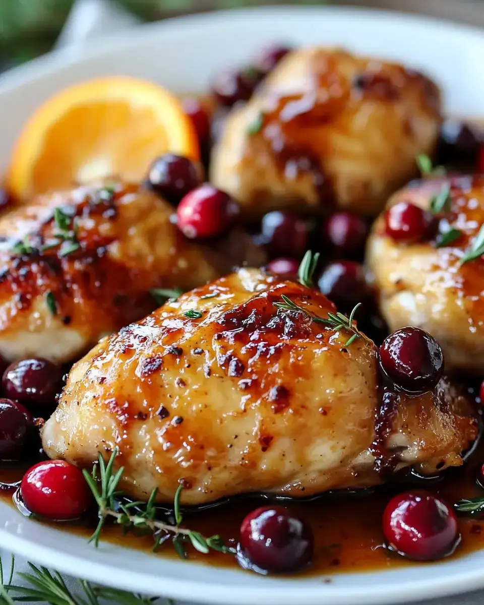 Close-up view of cranberry-glazed chicken topped with thyme and served alongside an orange wedge.