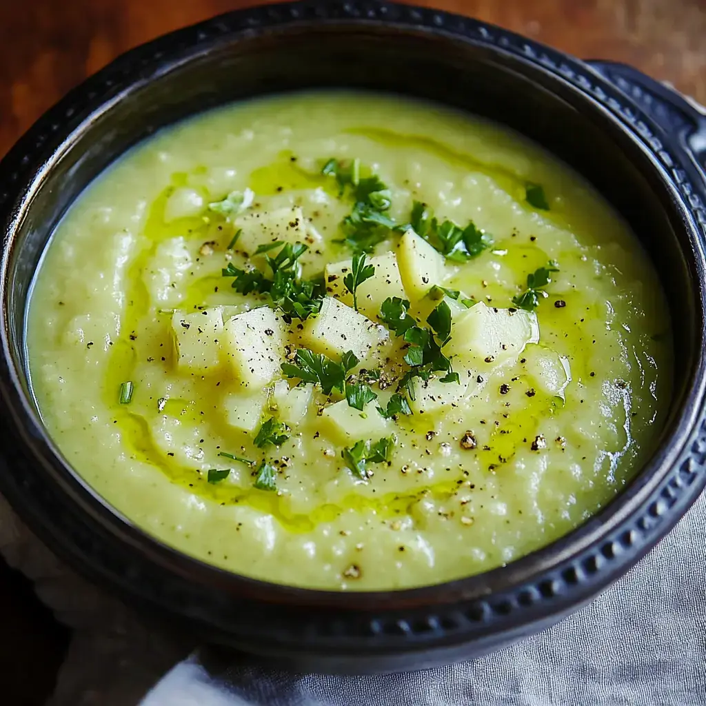 A bowl filled with creamy green soup, scattered with apple cubes, fresh greens, and a swirl of olive oil.
