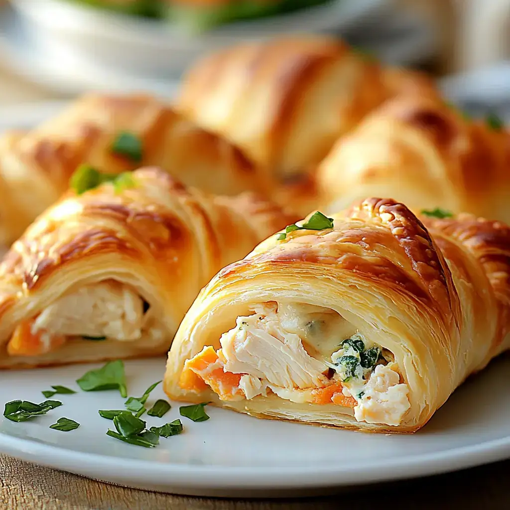Golden crescent pastries filled with chicken and cheese, garnished with herbs, served on a white plate.