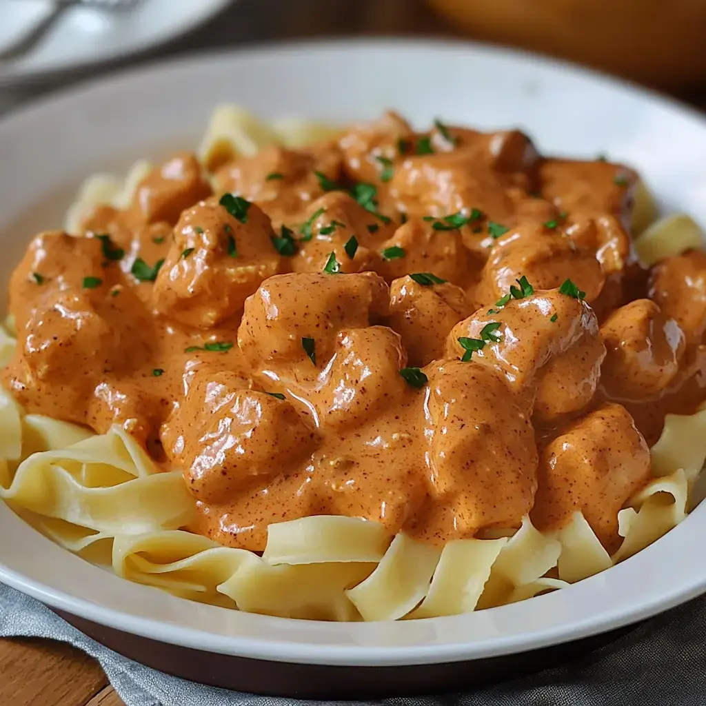 Fettuccine noodles smothered in a creamy paprika chicken sauce with fresh parsley on top.