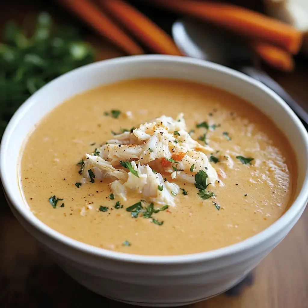 Creamy soup in a bowl with shredded crab and herbs on top.