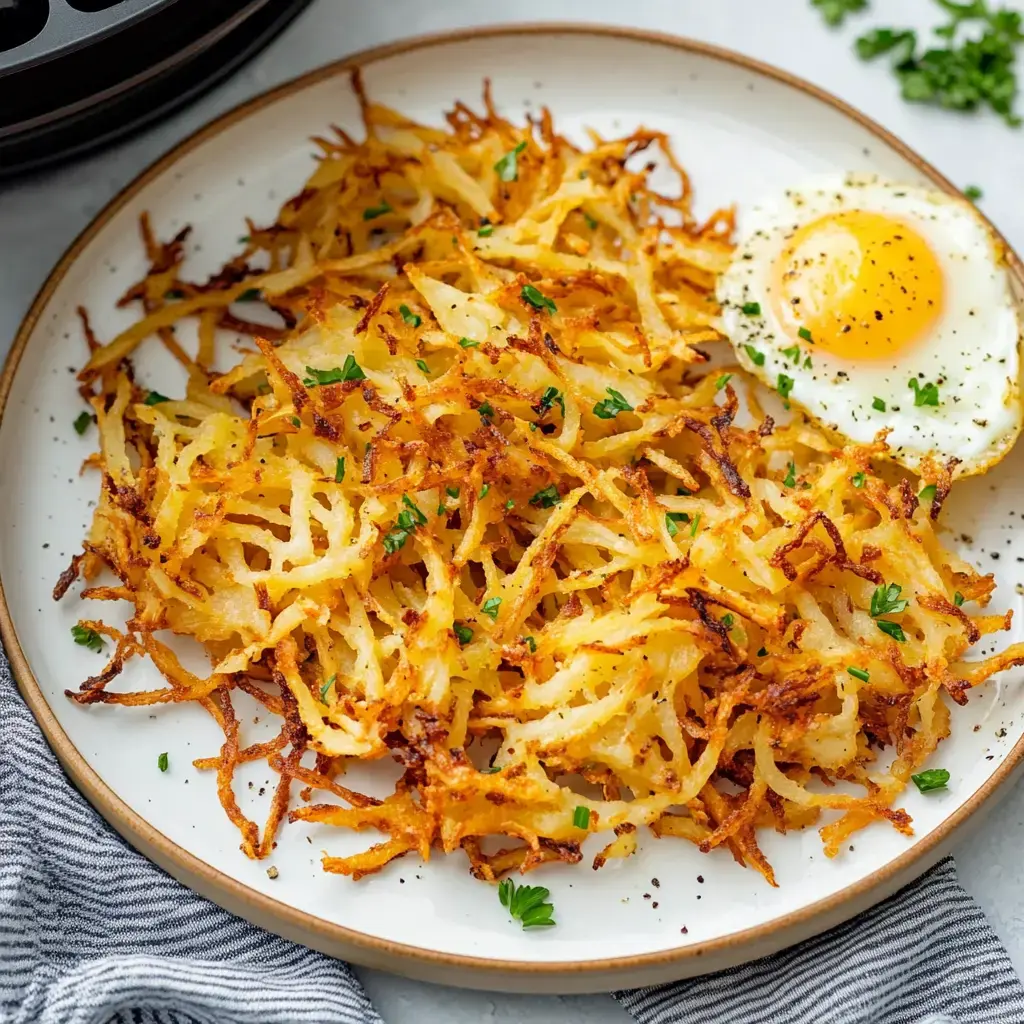 Golden hash browns on a plate with fresh parsley next to a fried egg.