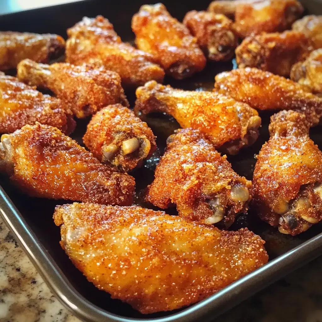 A plate of golden, crispy chicken wings resting on a dark background.