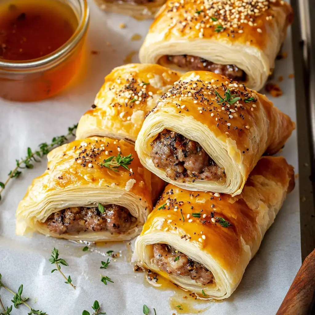 Golden puff pastry rolls packed with savory meat, sprinkled with herbs, and served with a side of sauce.