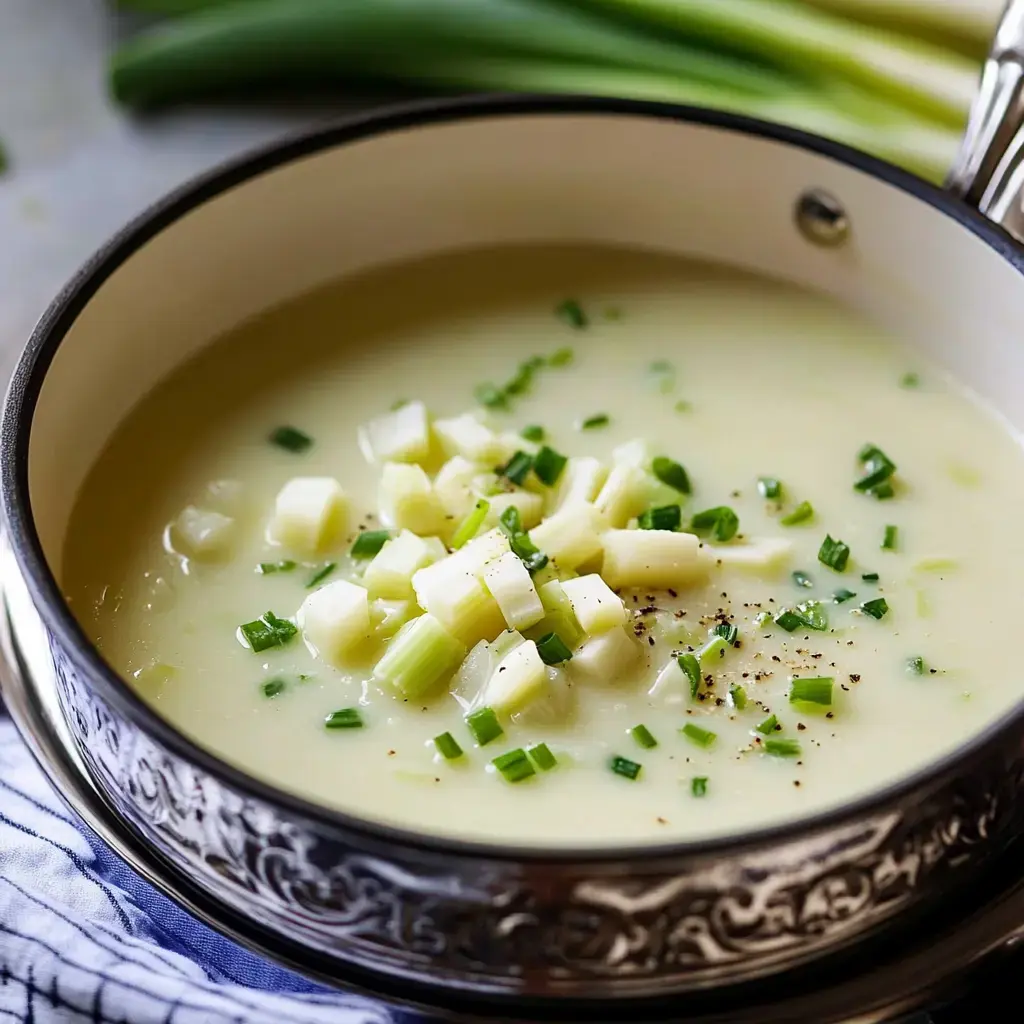 Creamy soup bowl with potato cubes and green onion sprinkles.