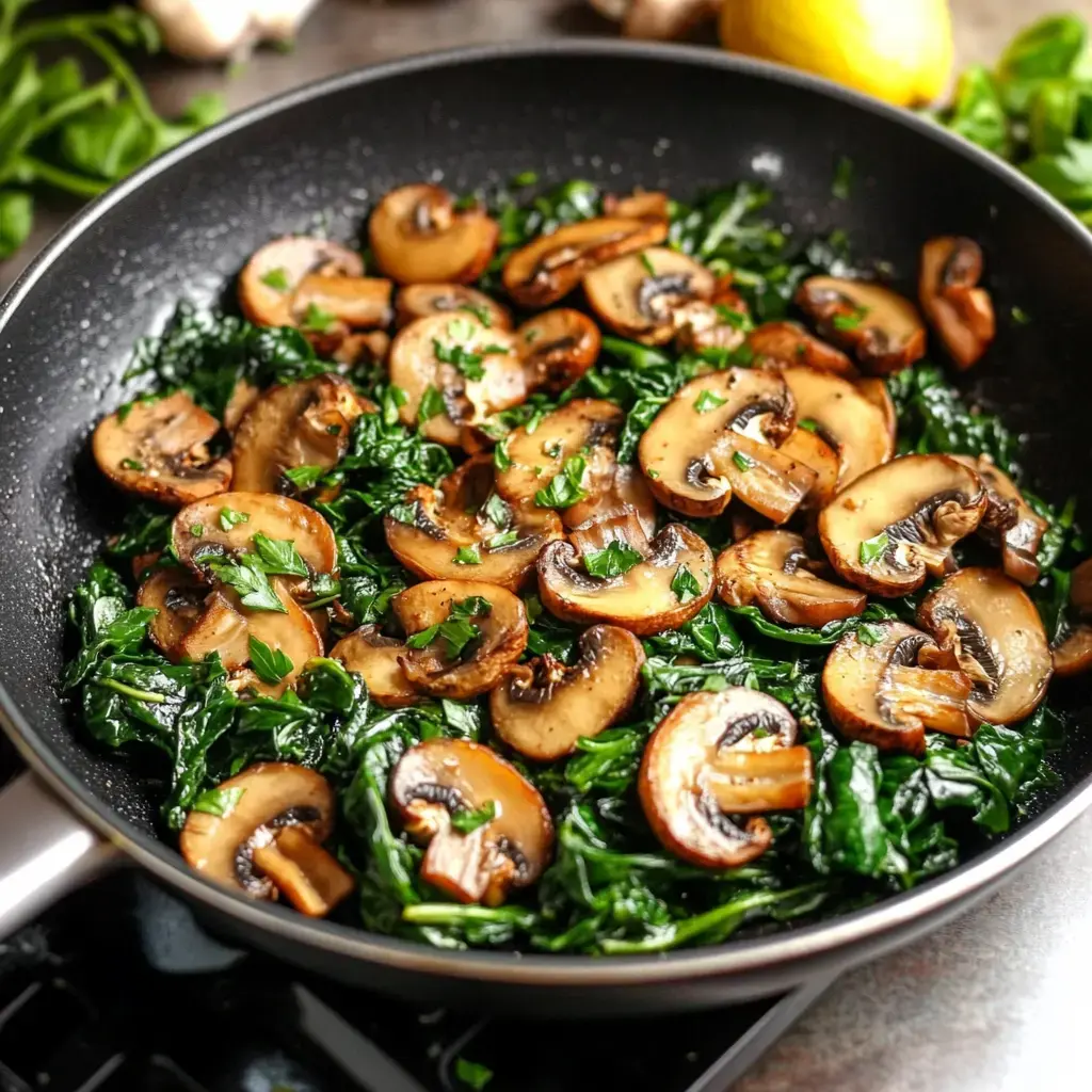 A pan brimming with mushrooms and spinach, lightly cooked and sprinkled with herbs.
