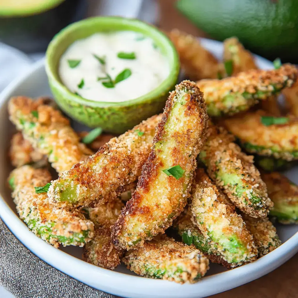 A bowl of crunchy avocado wedges sits with a small green bowl of creamy dip nearby.
