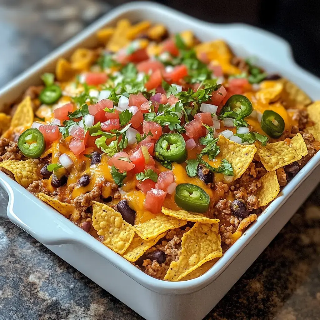 A big plate of nachos with beef, beans, melted cheese, tomatoes, jalapeños, onions, and cilantro on top.