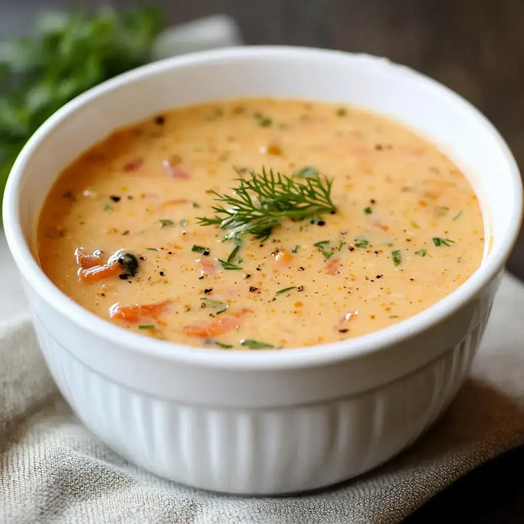 Big bowl of creamy soup dotted with herbs and veggies, served up fresh.