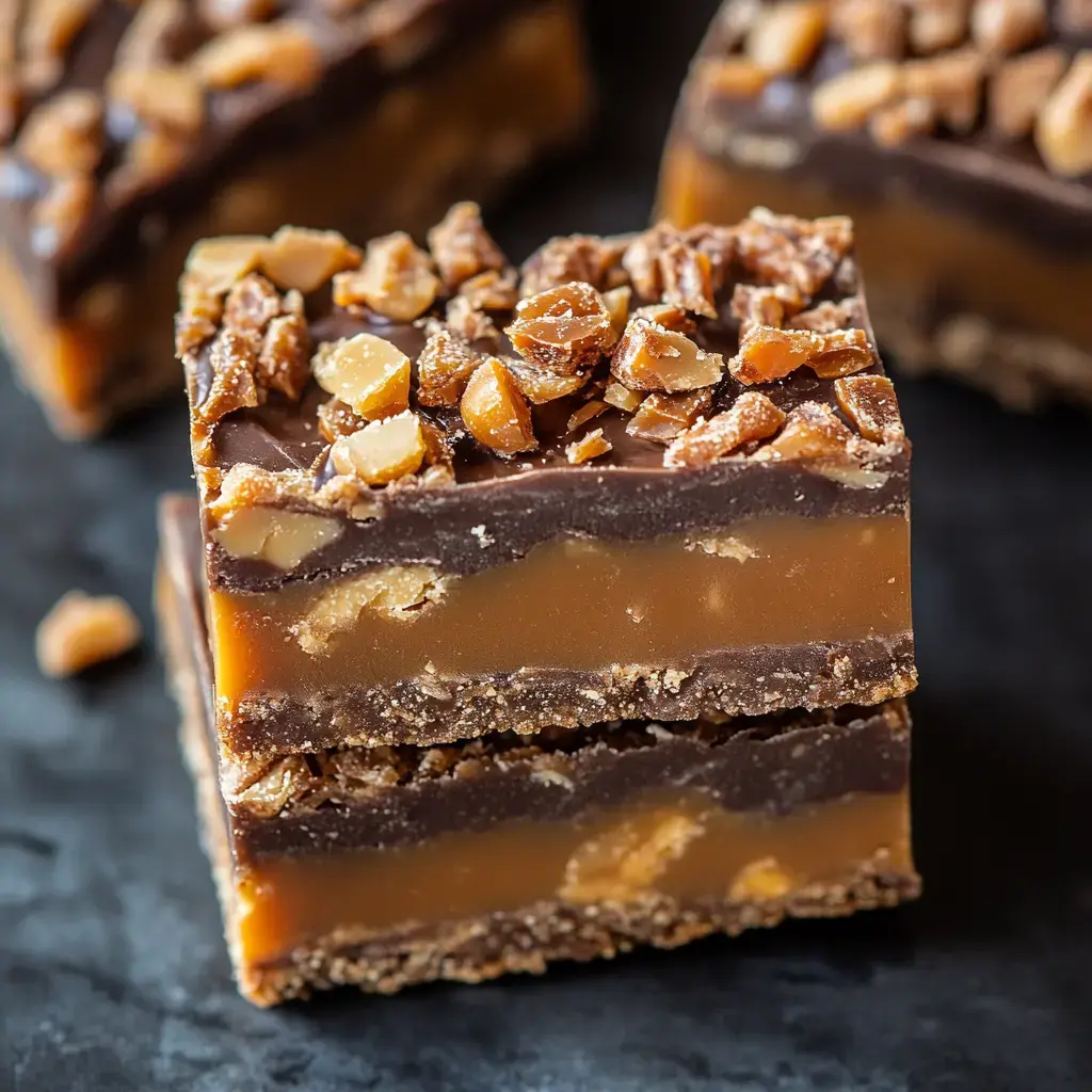 Close-up of layered caramel and chocolate bars sprinkled with crushed Butterfinger pieces.