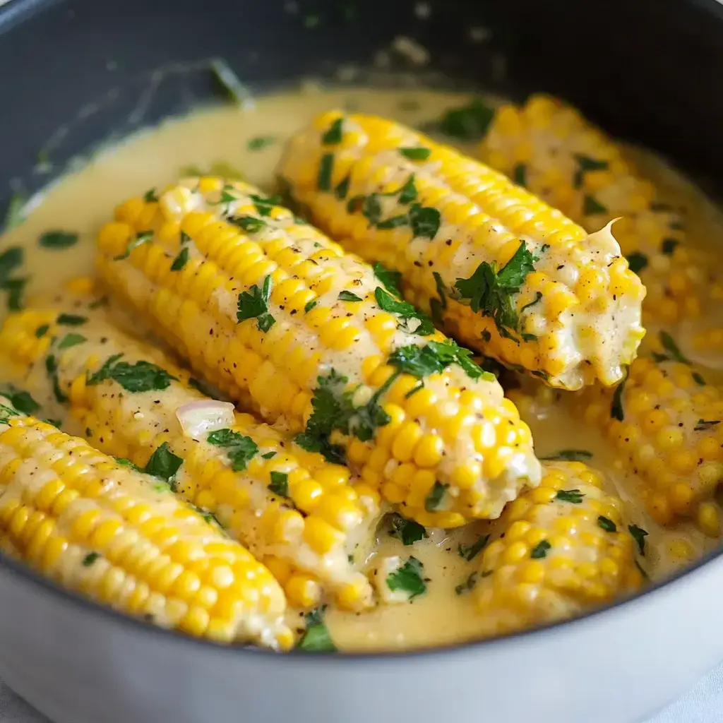 A pot full of corn on the cob covered in smooth creamy sauce with fresh cilantro on top.