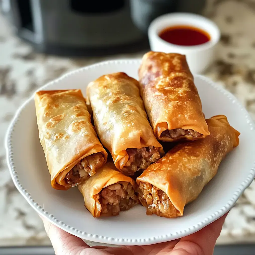 Someone's holding a plate with five crispy golden-brown rolls and a bowl of dipping sauce nearby.
