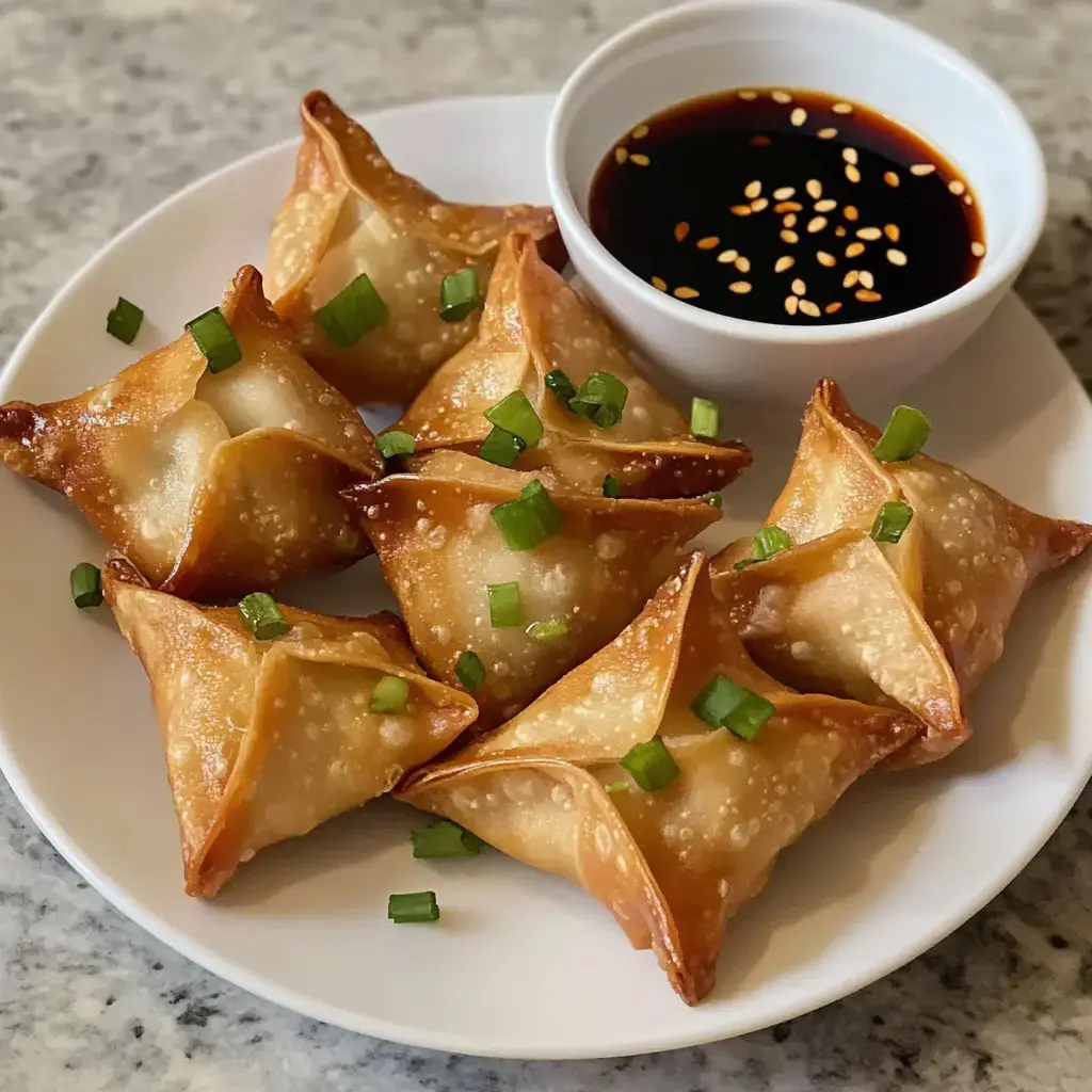 Golden fried dumplings sprinkled with chopped green onions on a plate with a bowl of dark dipping sauce.