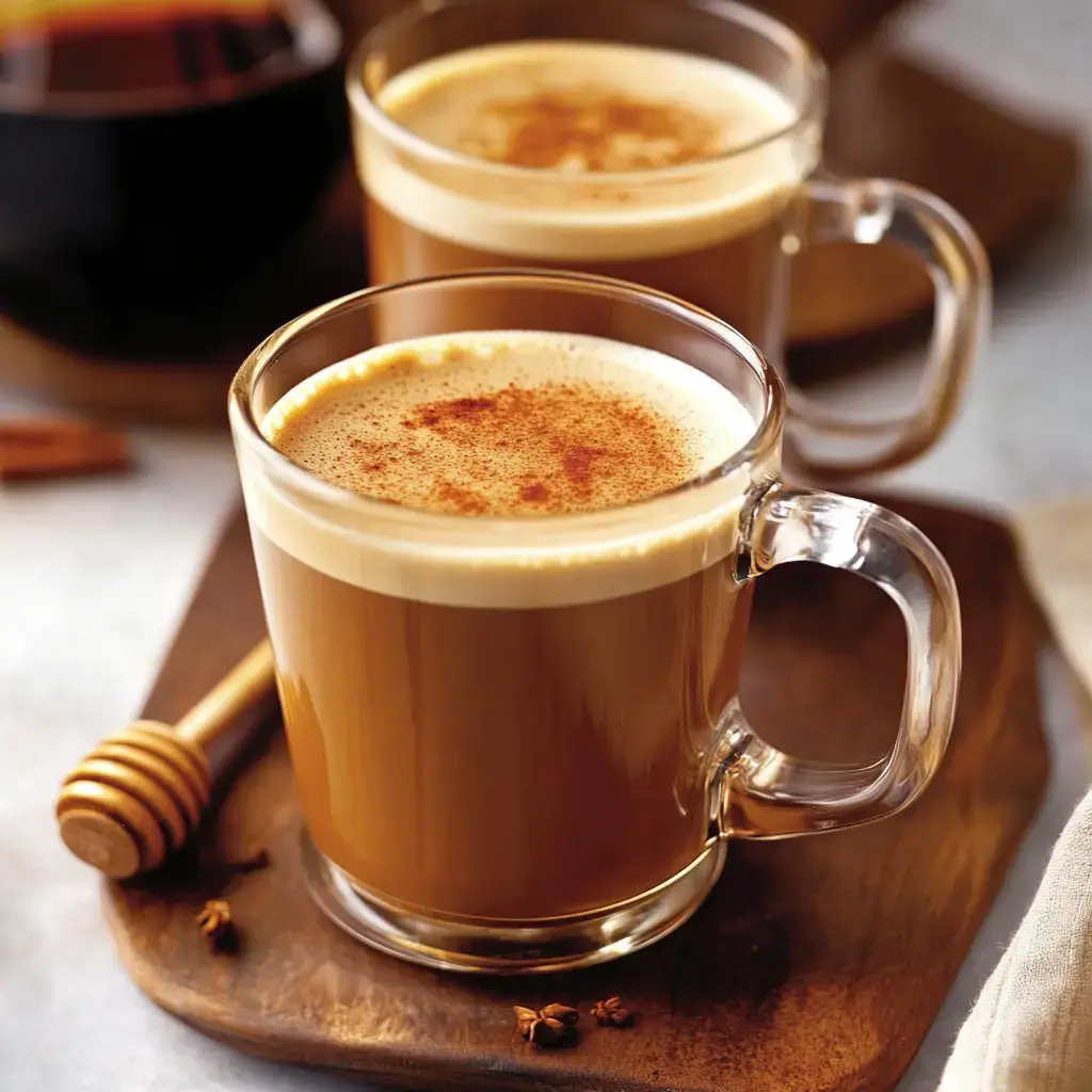 Two frothy mugs with a cinnamon sprinkle, sitting on a wooden tray next to a honey dipper and scattered spices.