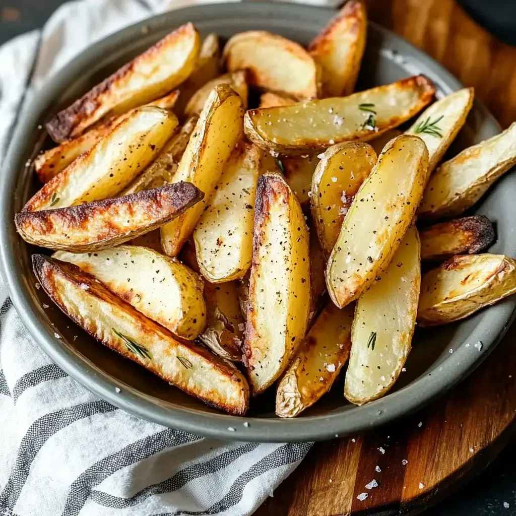 Crispy golden wedges on a plate, sprinkled with salt and pepper.