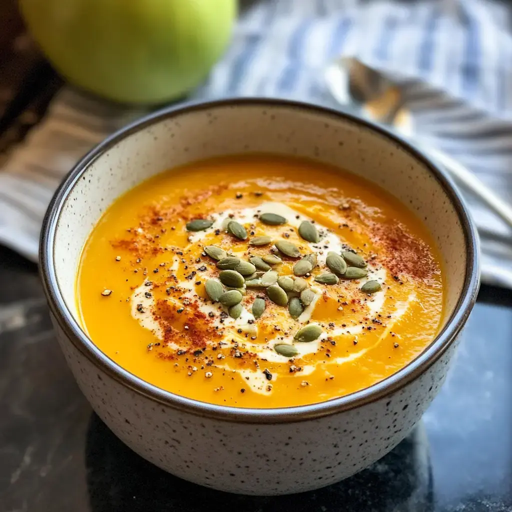 Bright orange soup in a bowl with creamy swirls, seedy topping, and a green apple in the fuzzy background.