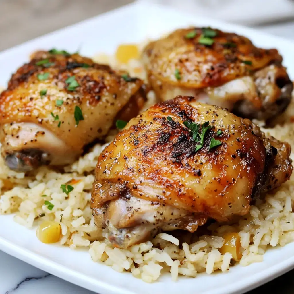 Three crisp chicken thighs resting on top of rice, sprinkled with herbs.