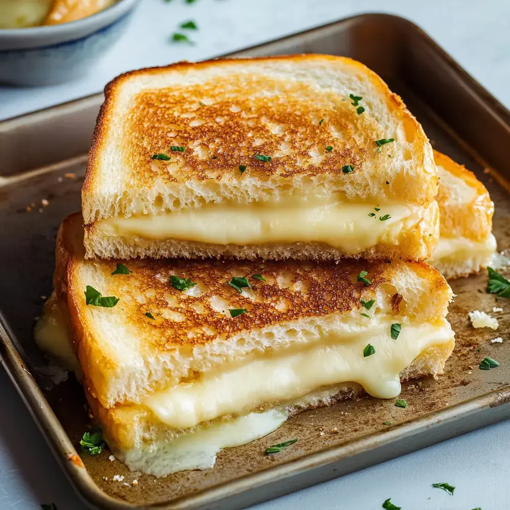 Two golden grilled cheese halves packed with melted cheese and fresh herbs, sitting on a tray.