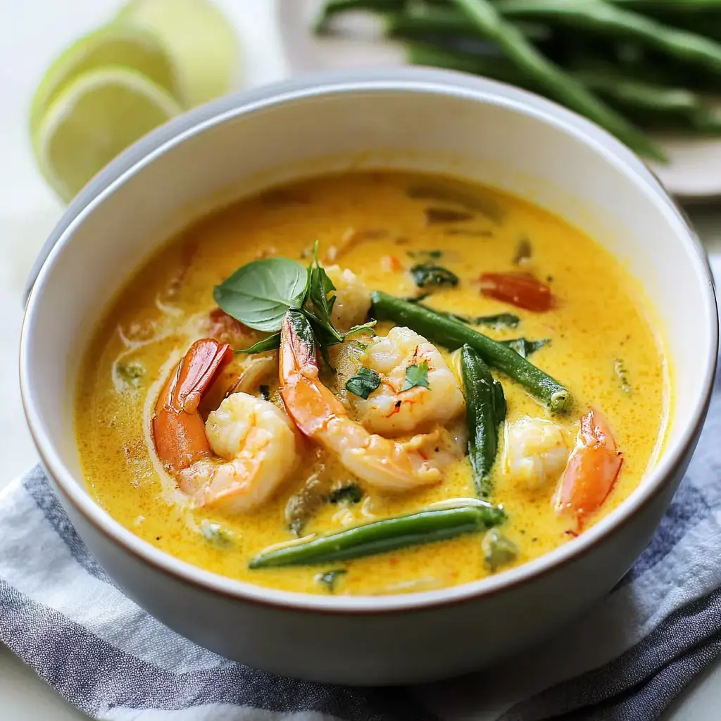 Creamy shrimp stew with green beans and basil, plus lime slices on the side.