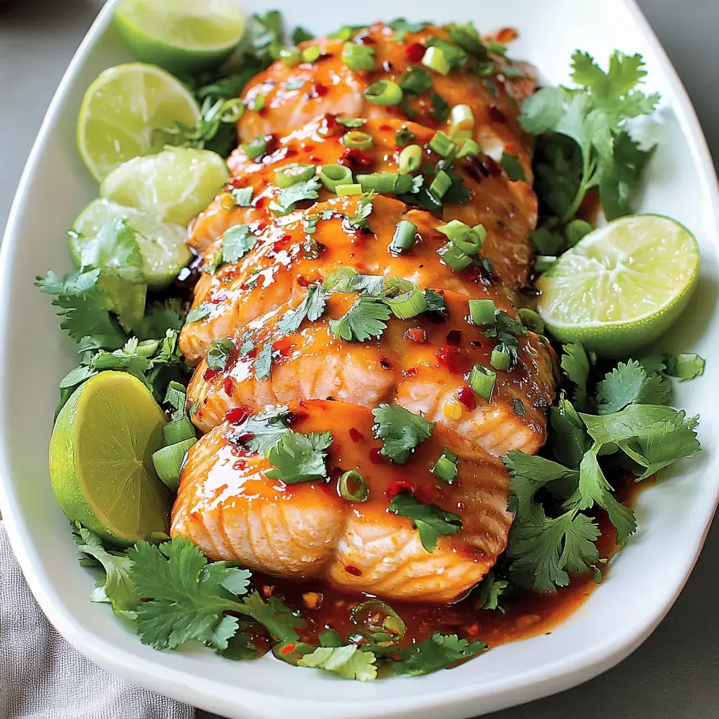 Salmon fillets on a platter with a glossy sauce, chopped greens, and lime slices scattered around.