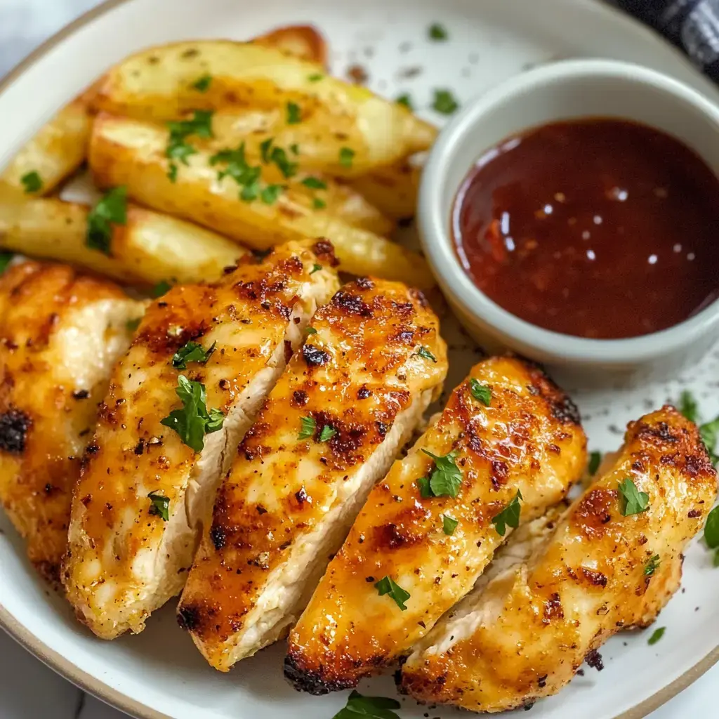 Grilled chicken strips on a plate with potato wedges, parsley, and a dip cup.