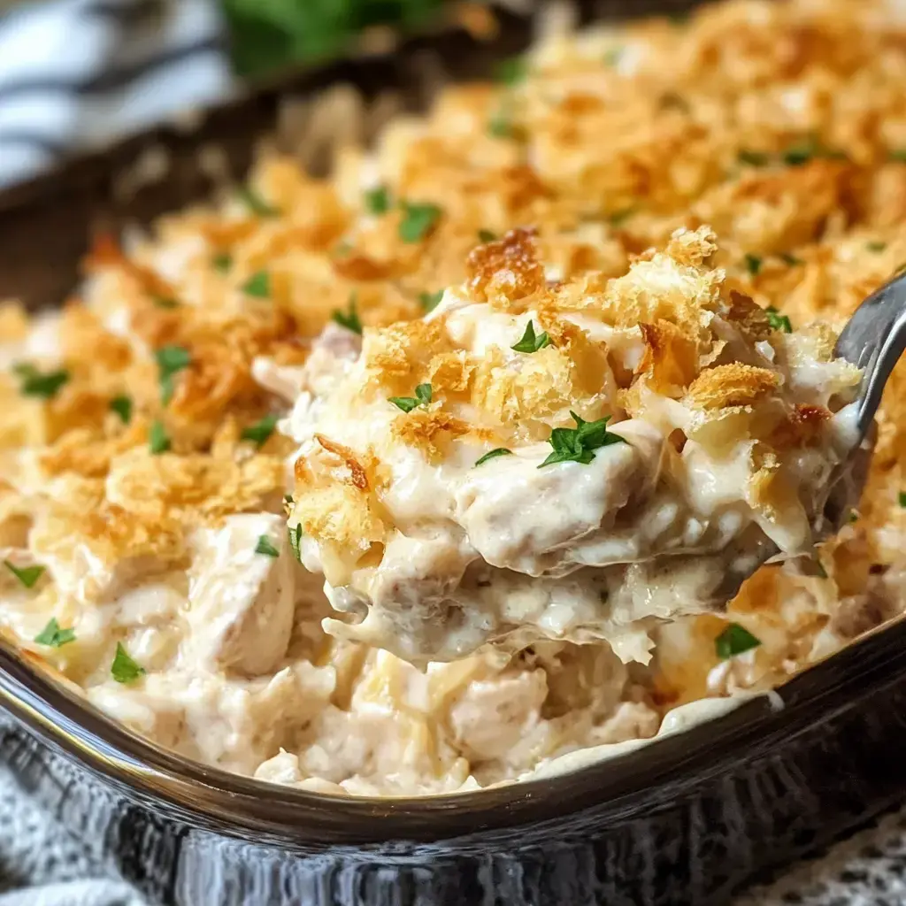 Spoonful of creamy, cheesy chicken bake with crispy crumbs and fresh herbs, dish behind it.