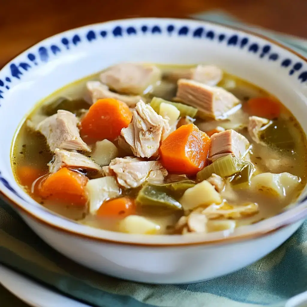Bowl filled with chunks of turkey, veggies, and savory broth