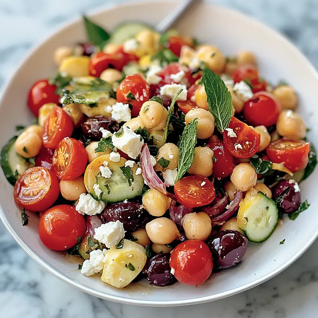 Chopped cucumbers, cherry tomatoes, chickpeas, olives, and feta in a big bowl, sprinkled with fresh mint.