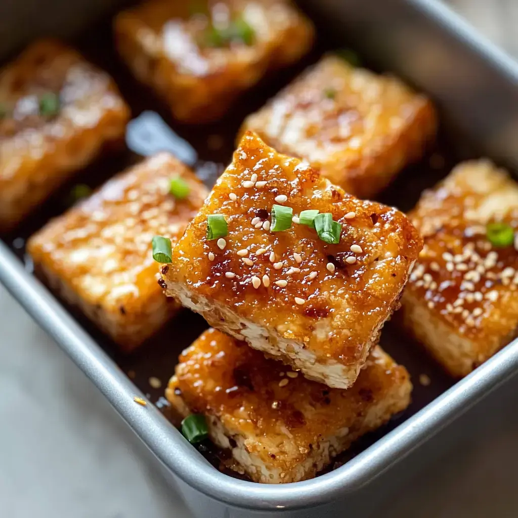 A dish piled with golden-brown tofu cubes, sprinkled with sesame seeds and scallions, sitting in a pool of salty soy sauce.