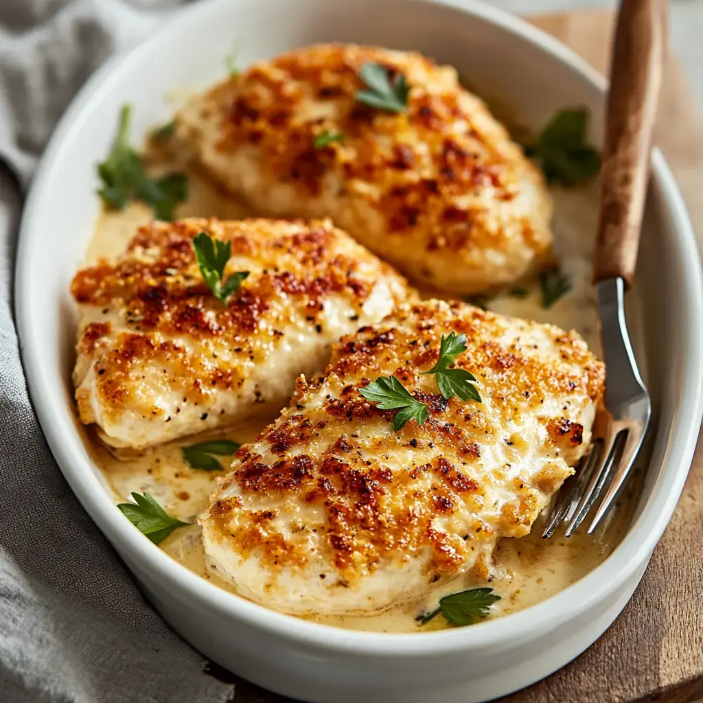 Golden crispy chicken breasts sitting in a creamy sauce and sprinkled with fresh parsley.