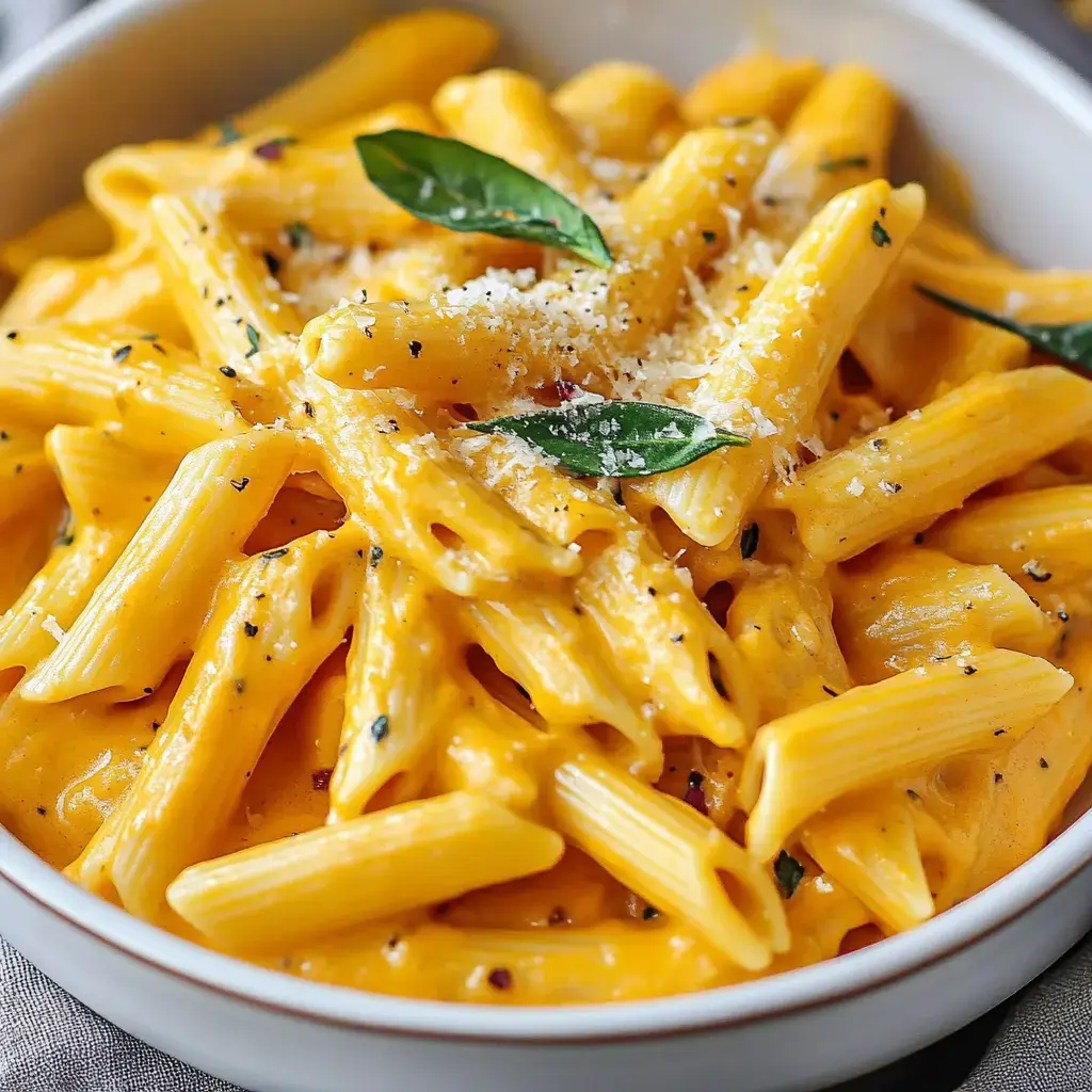 A bowl stacked with creamy pasta swirls, garnished with Parmesan and fresh herbs.