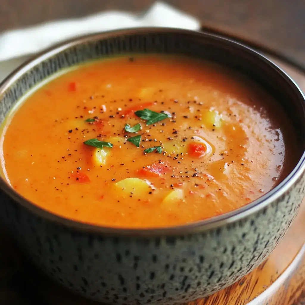 Bowl of creamy red pepper and potato soup with black pepper and fresh herbs on top.