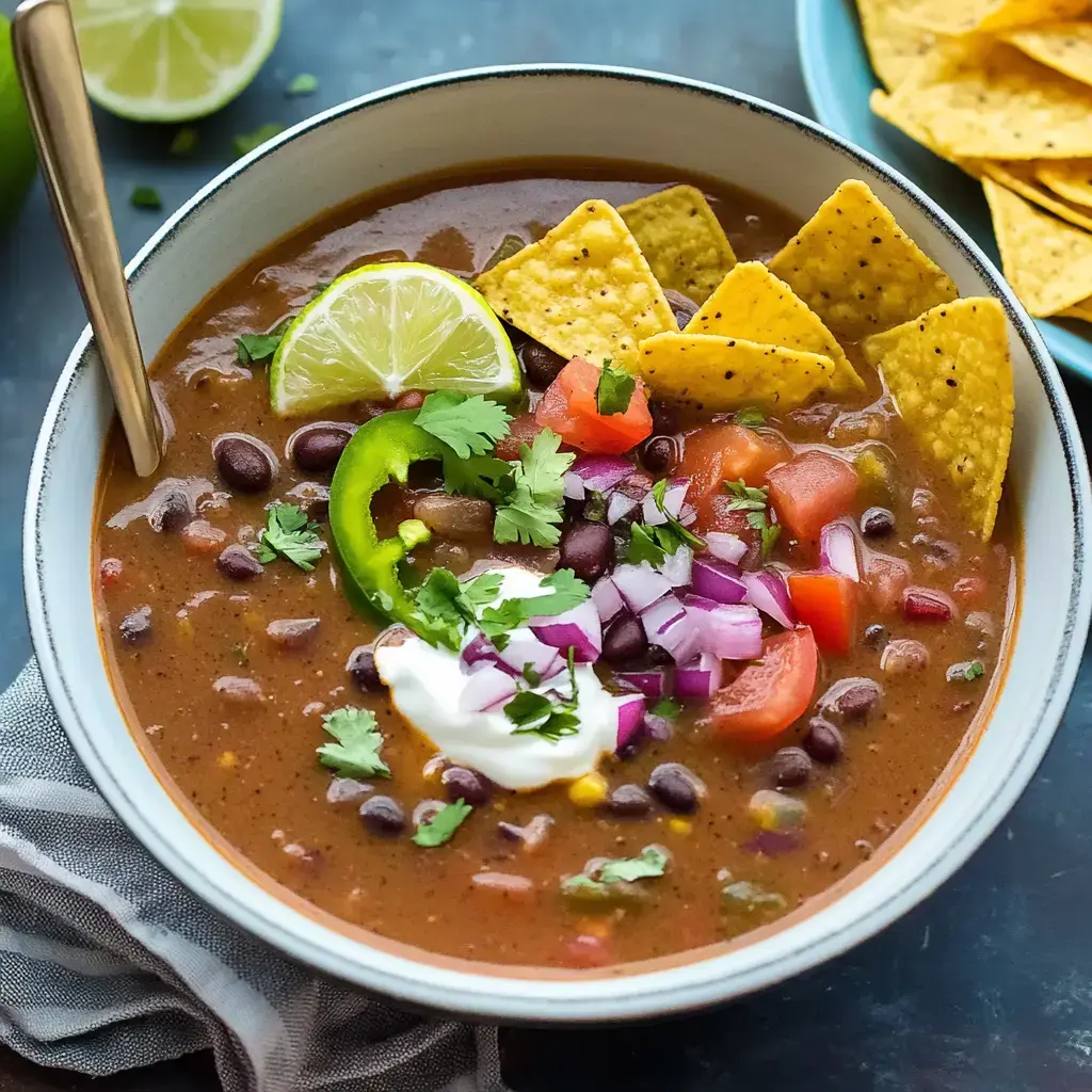 A bowl of black bean soup loaded with lime, tomato chunks, red onions, sour cream, cilantro, jalapeños, and tortilla chips on the side.