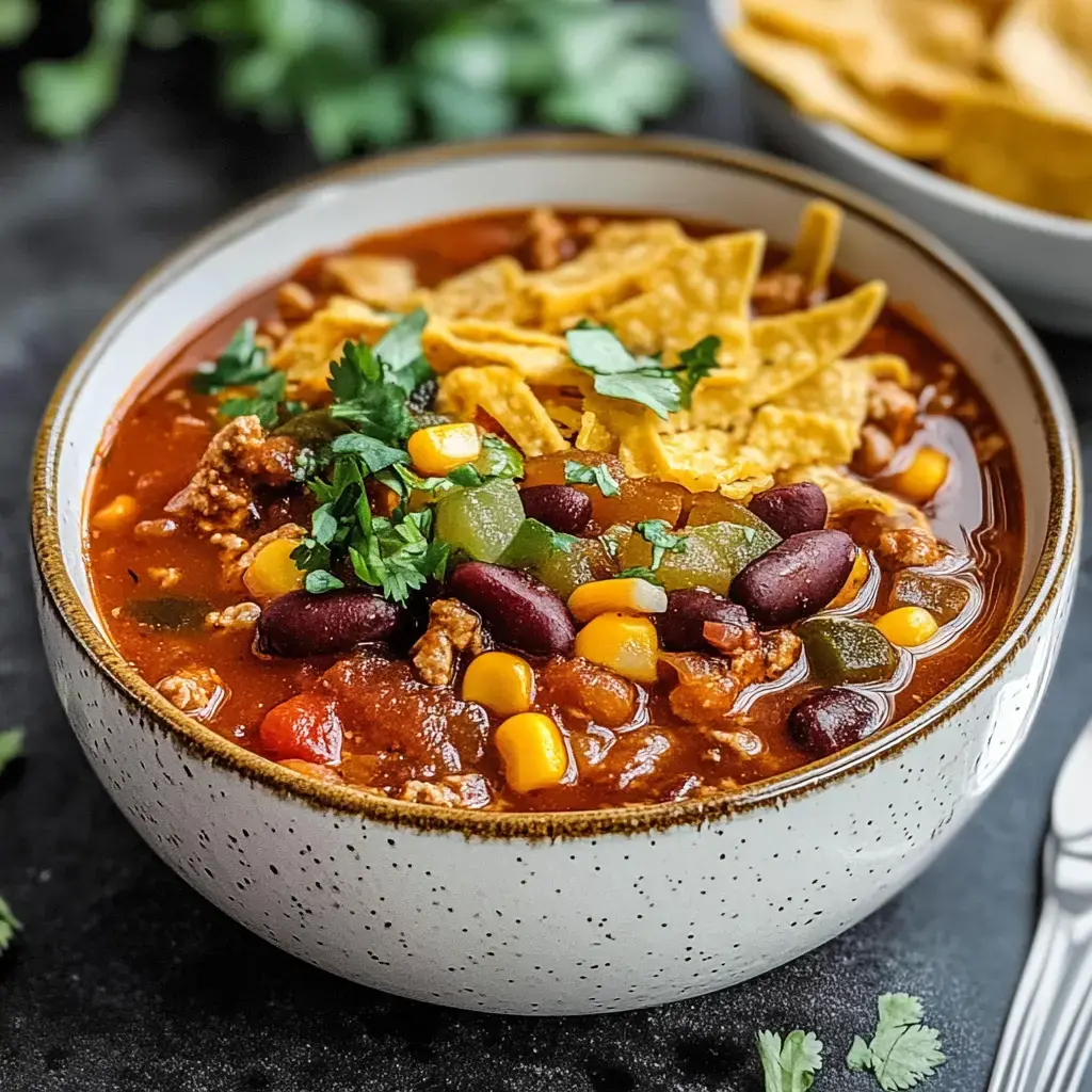 A cozy bowl of chili with ground meat, colorful beans, corn, green peppers, and tortilla chips, topped with cilantro.