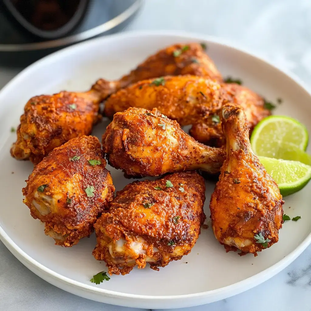 Crunchy, spiced chicken drumsticks on a plate topped with cilantro leaves and lemon wedges.