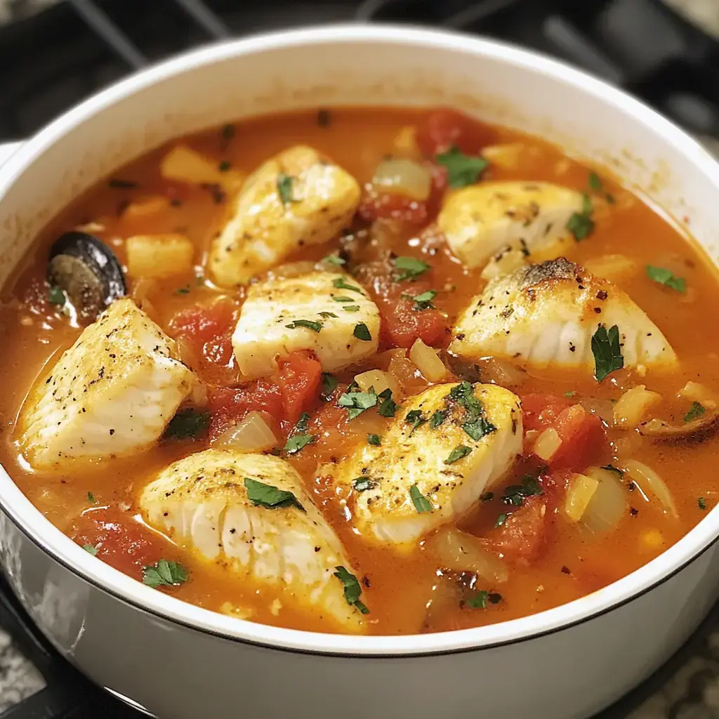 Chunks of white fish floating in a tomatoey broth with veggies and parsley, all in a big pot.