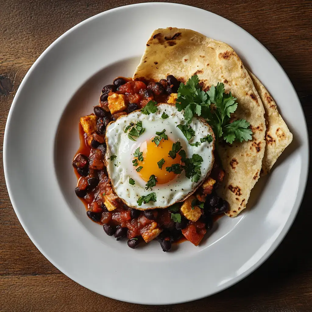 Black beans and eggs topped with cilantro, served next to soft flatbreads.