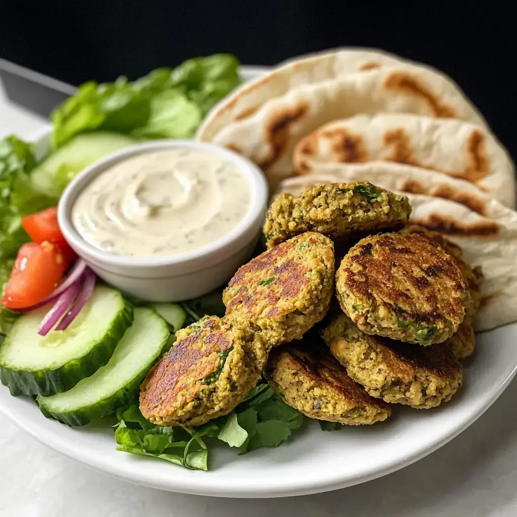 Falafel balls with creamy tahini, veggies, and pita on a plate.