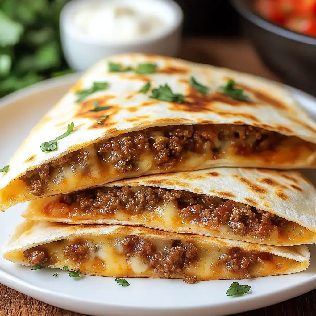 Three crispy quesadillas stuffed with cheesy beef, topped with fresh cilantro, all on a white plate.
