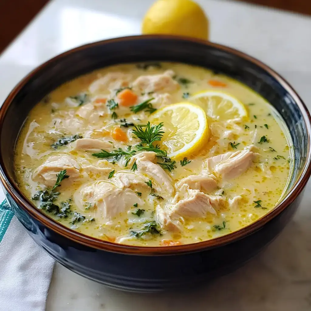 Creamy chicken soup in a bowl with fresh lemon and green herbs on top.