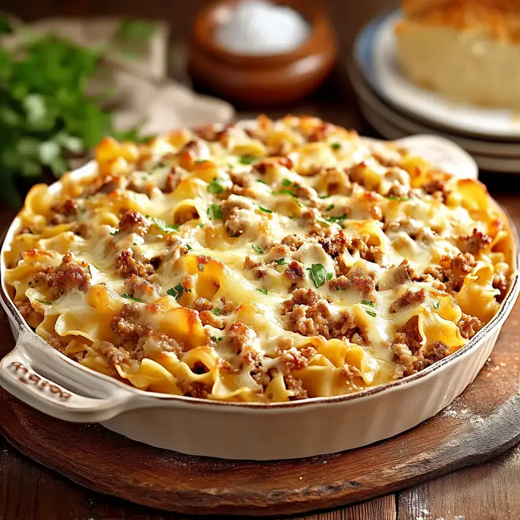 Hearty, cheesy pasta bake topped with parsley in a white dish, sitting on a wooden table.