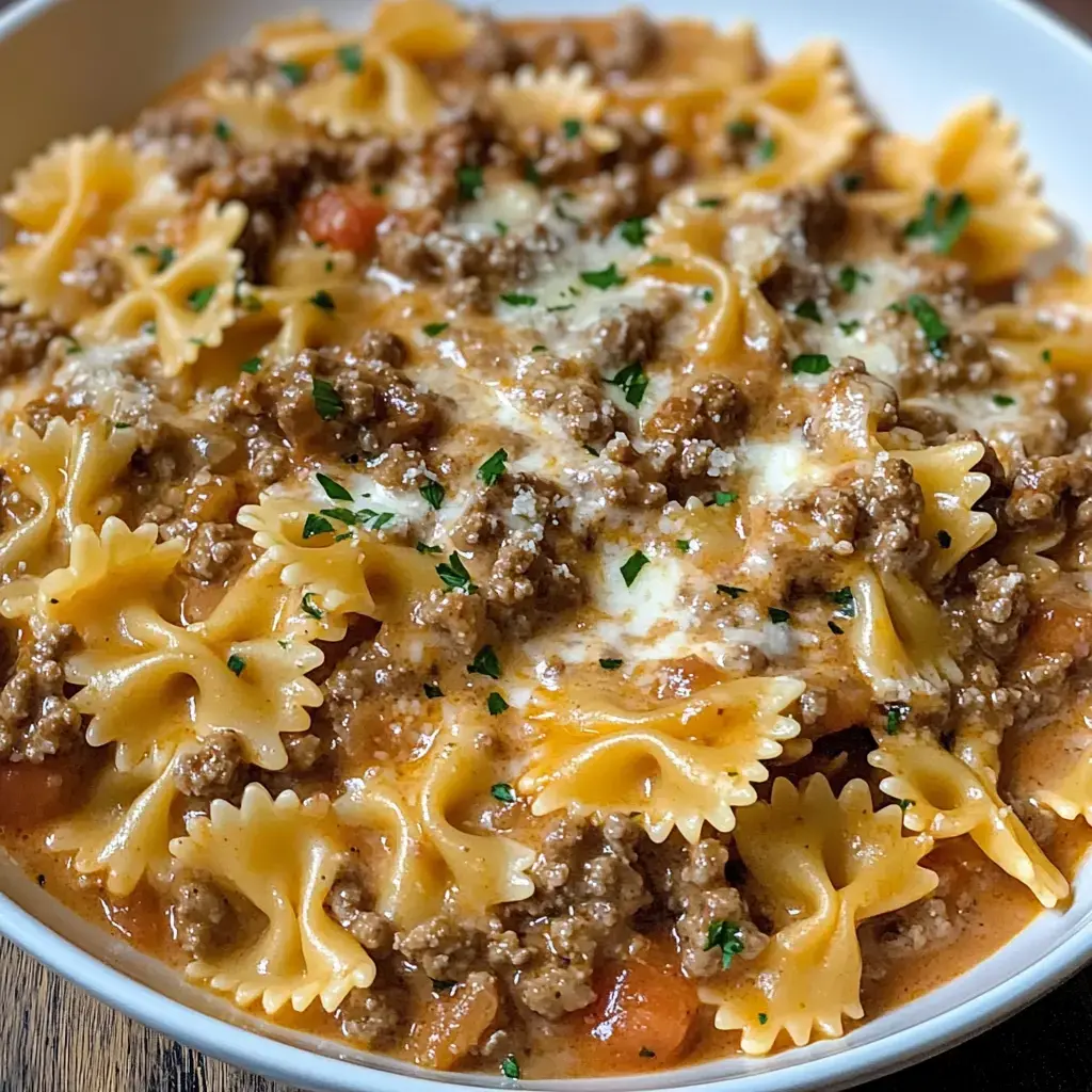 A bowl filled with bowtie pasta, creamy beef sauce, and scattered fresh parsley.