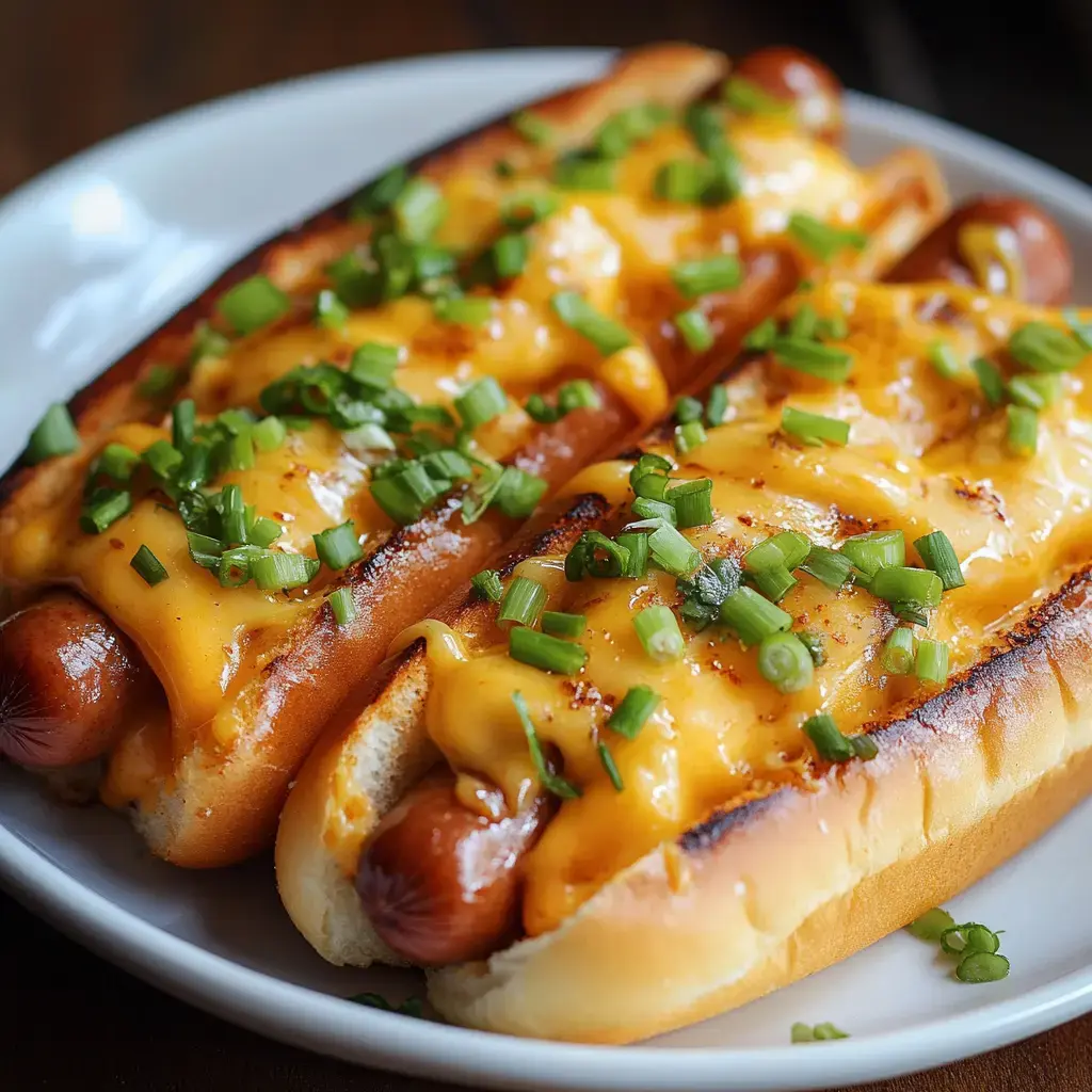 Two hot dogs tucked in toasted buns, cheese gooey on top, sprinkled with green onions and sitting on a white plate.