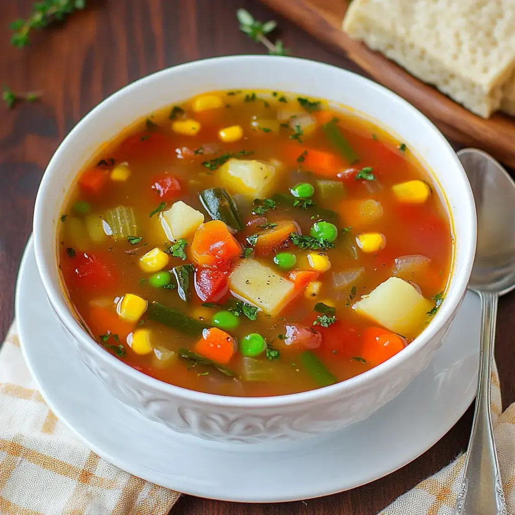 A warm bowl of veggie-packed soup with examples like corn, potatoes, carrots, and peas, topped with fresh herbs.