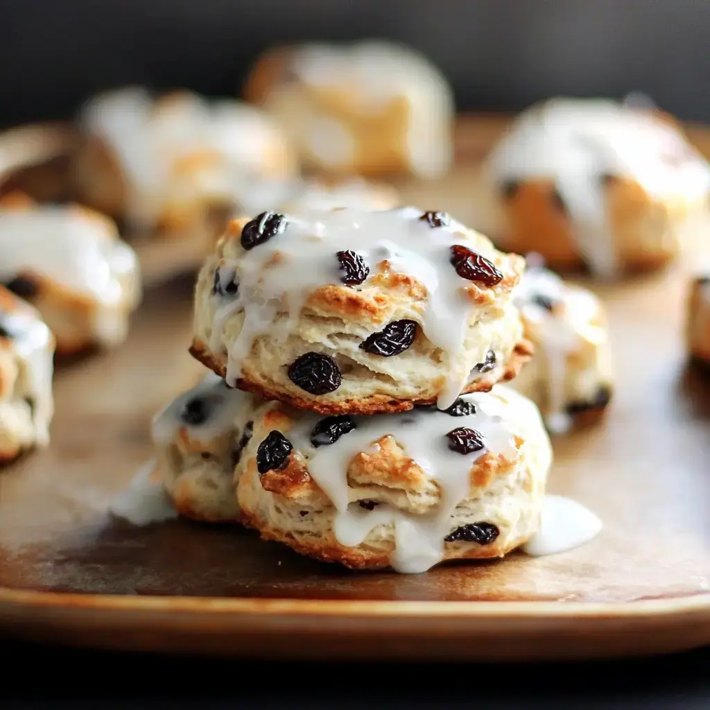 Two sweet cinnamon biscuits stacked and frosted with icing, sitting on a wood plate with dark raisins.